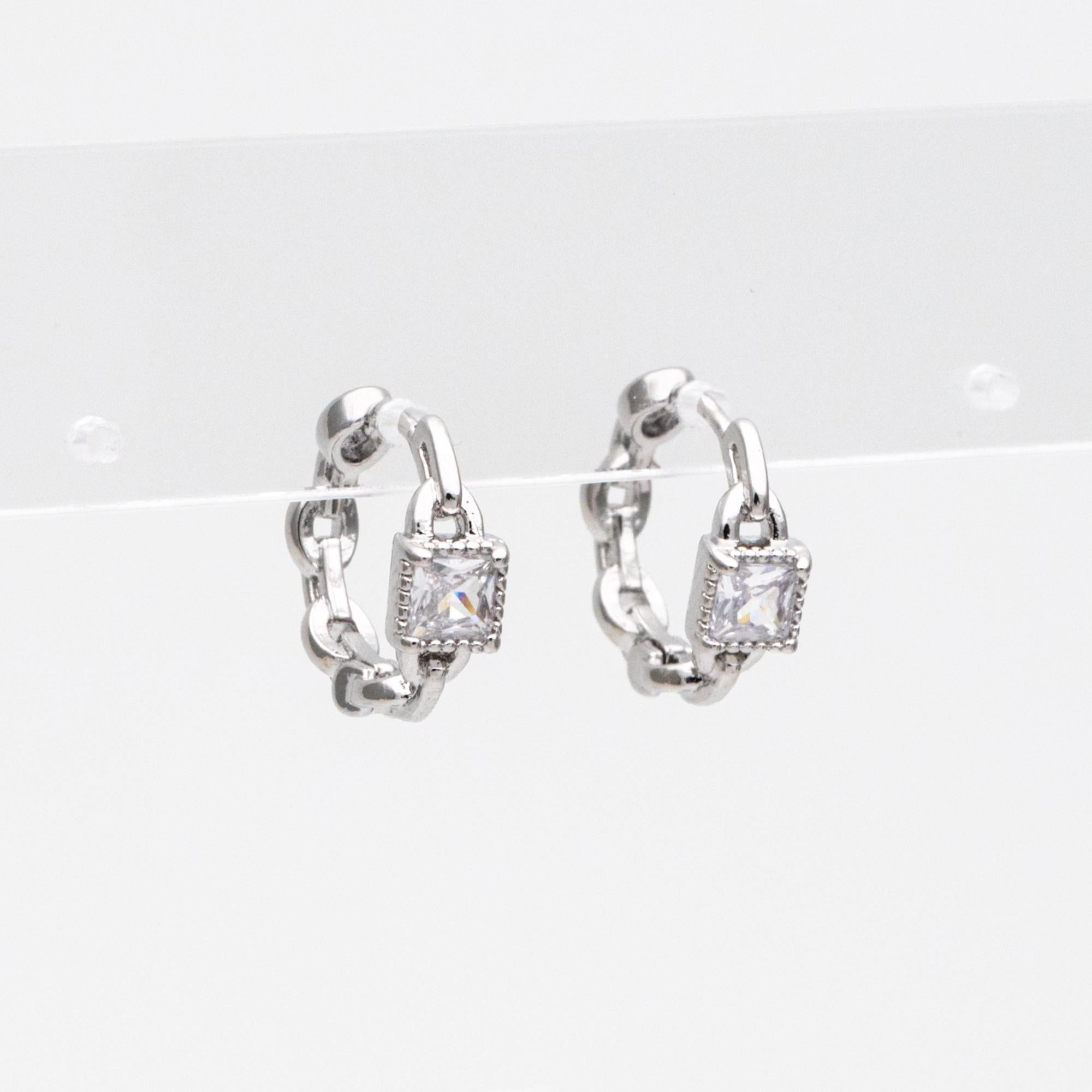 4pcs CZ Pave Gold/ Silver Tone Chain Hoop Earrings, 18K Real Gold/ Rhodium plated Brass, Huggie Earrings, Chain Earrings (GB-3020-B)